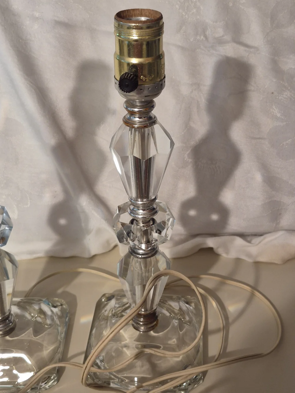 MCM Crystal Glass Pair Table Lamps - Clear Glass Accent